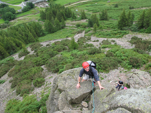 Malcolm at the top of the first pitch of Middlefell Buttress, La
